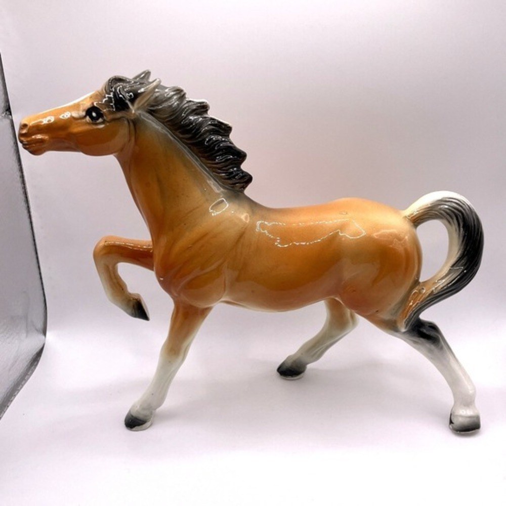 Vintage Japan Porcelain Horse Figurine 8" Brown Black Hand Painted